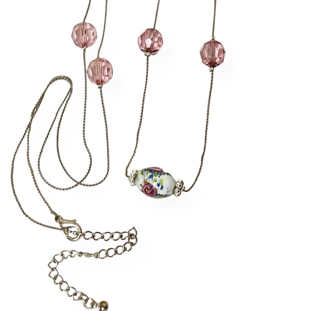 Necklace Beaded Station Pink Round Faceted Oval White Enamel Roses Long 45"